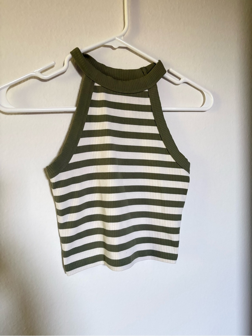 American Eagle Outfitters Olive Green & White Ribbed Halter Tank